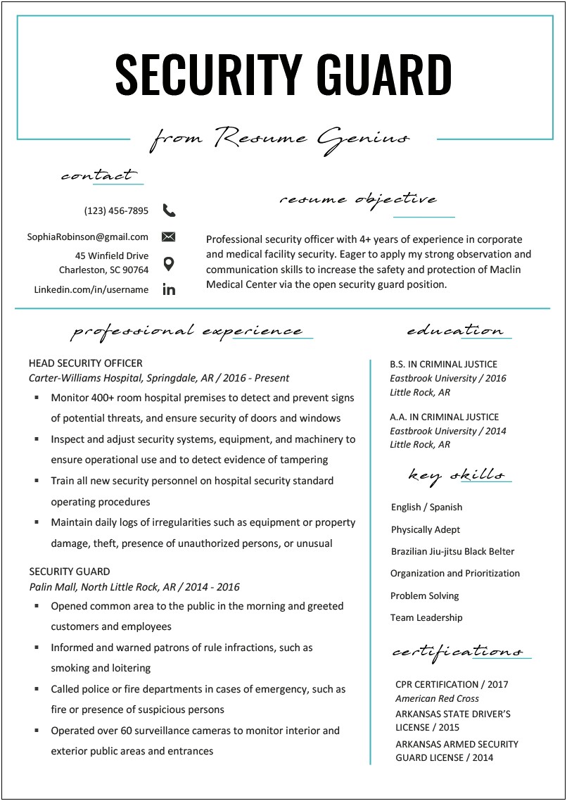 Security Guard Resume Format In Word