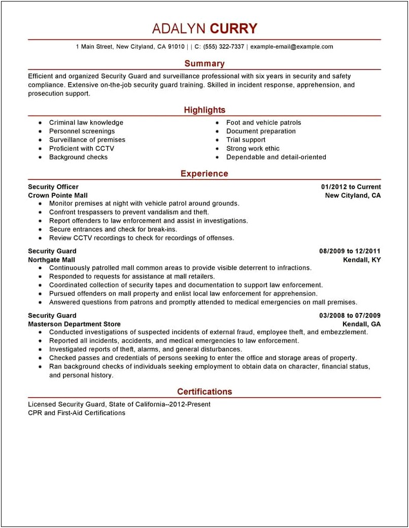 Security Guard Resume Objective Entry Level