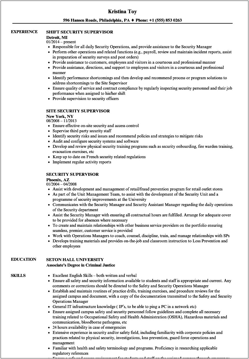 Security Officer Field Training Manager Resume
