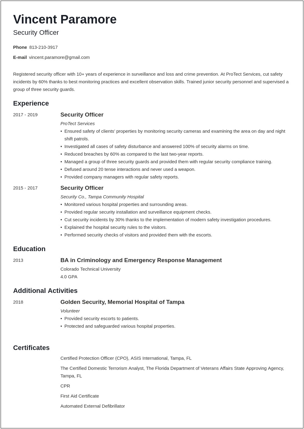 Security Officer For A Plant Resume Skills