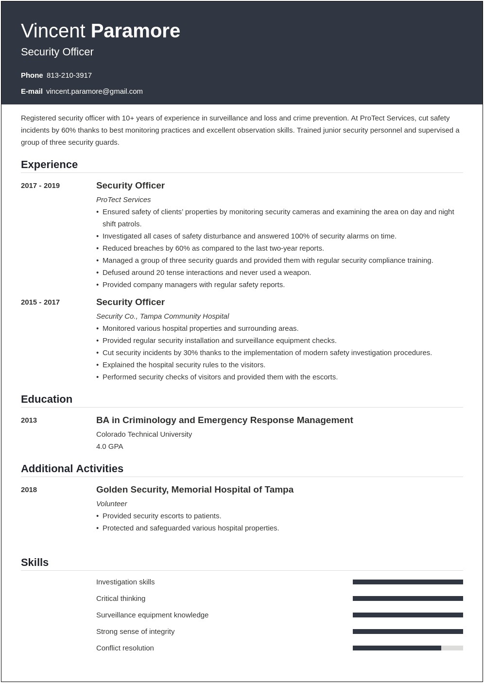 Security Officer None Comshin Duties Resume Sample