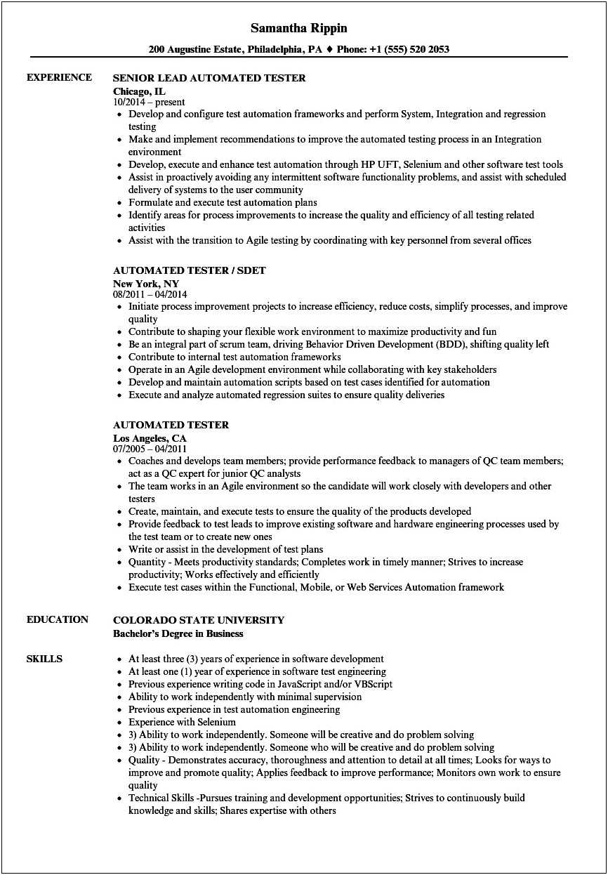 Selenium Webdriver Resume For 1 Years Experience