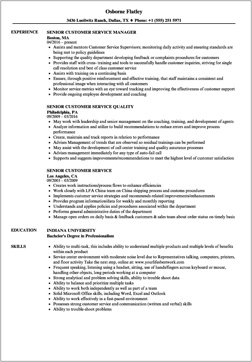 Senior Customer Service Representative Job Description Resume