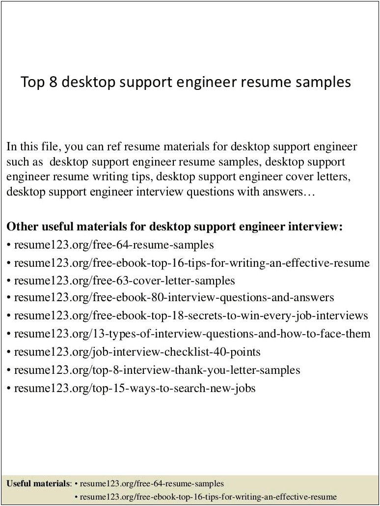 Senior Desktop Support Engineer Sample Resume