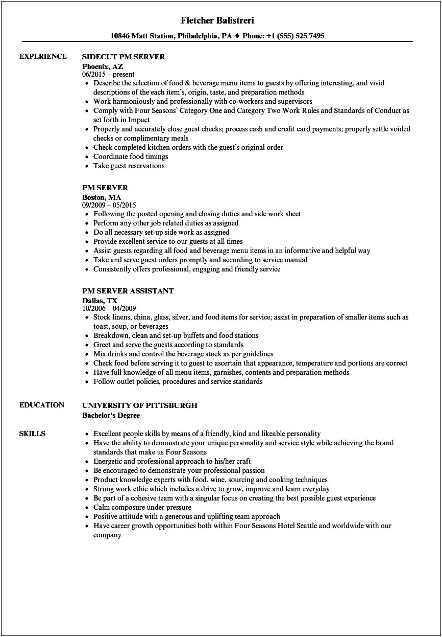 Server Assistant Job Description For Resume