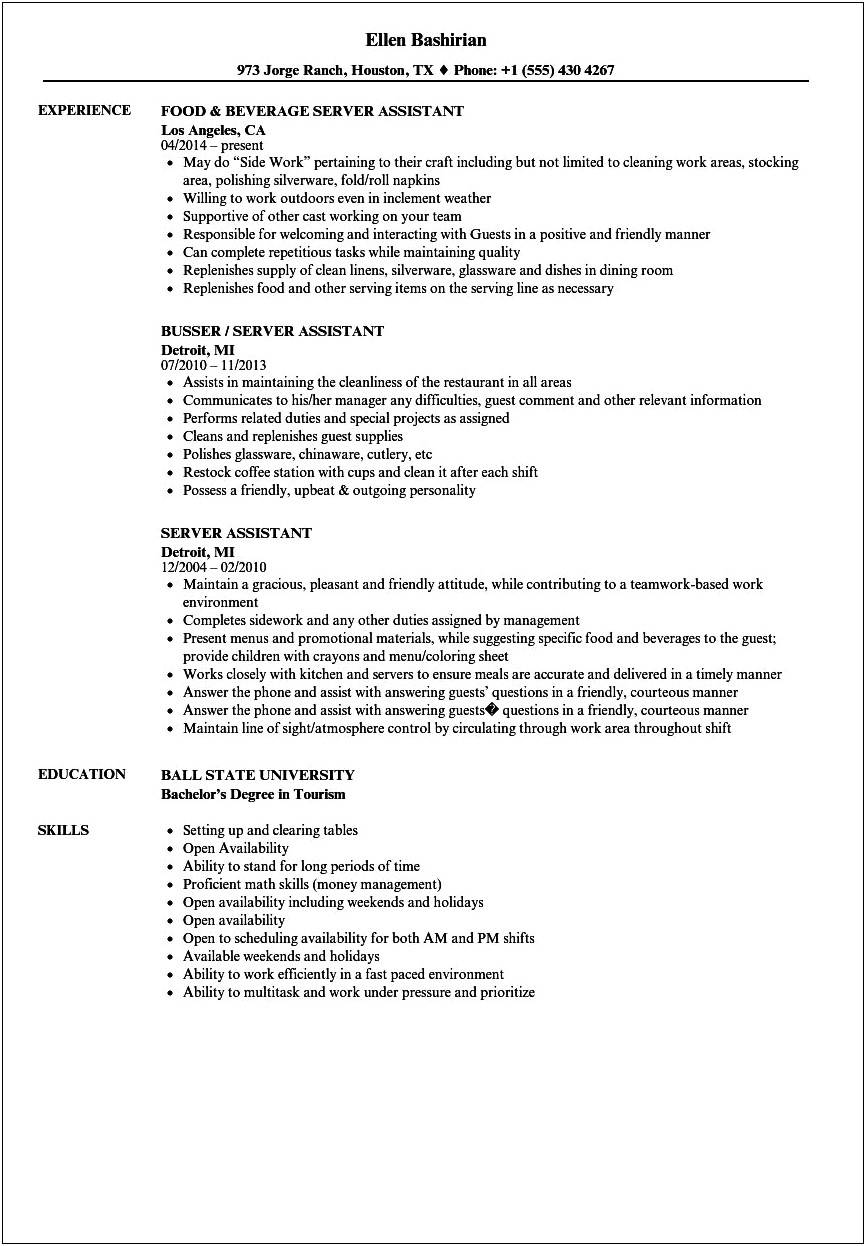 Server Experience To Put On A Resume