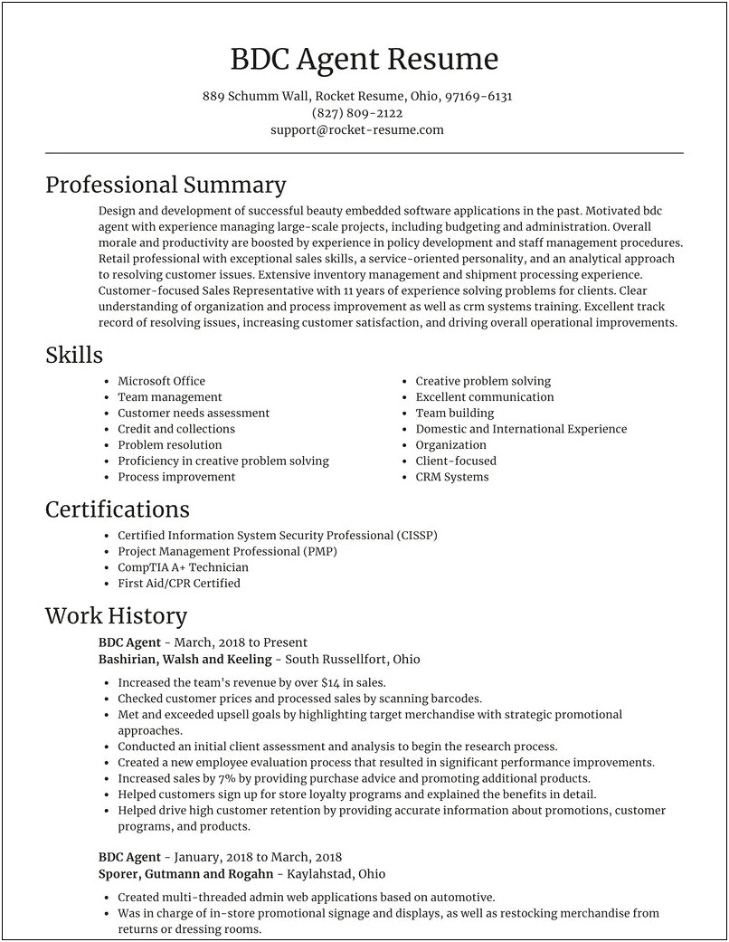 Service Bdc Job Description For Resume