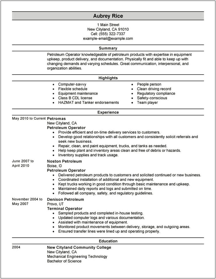 Service Manager Petroleum Job Description Resume