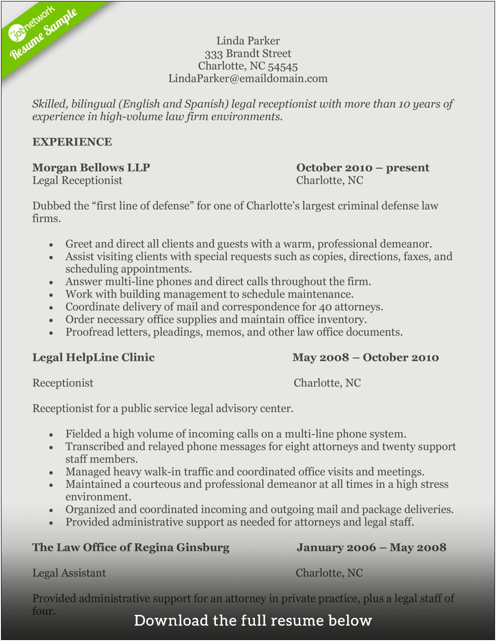 Service Receptionist Job Description For Resume