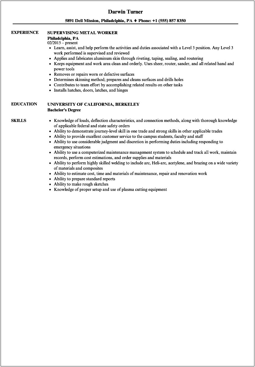 Sheet Metal Worker Job Description For Resume