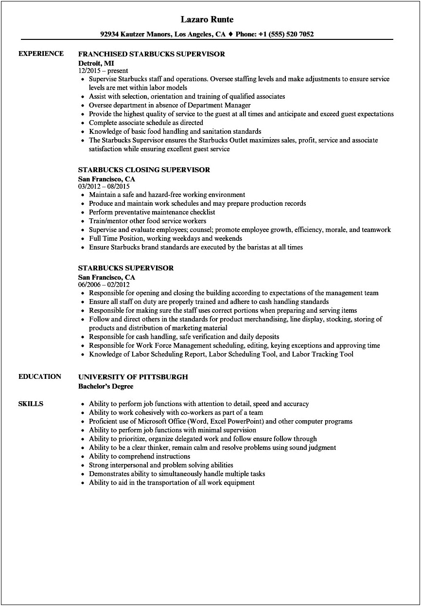 Shift Leader Job Description For Resume