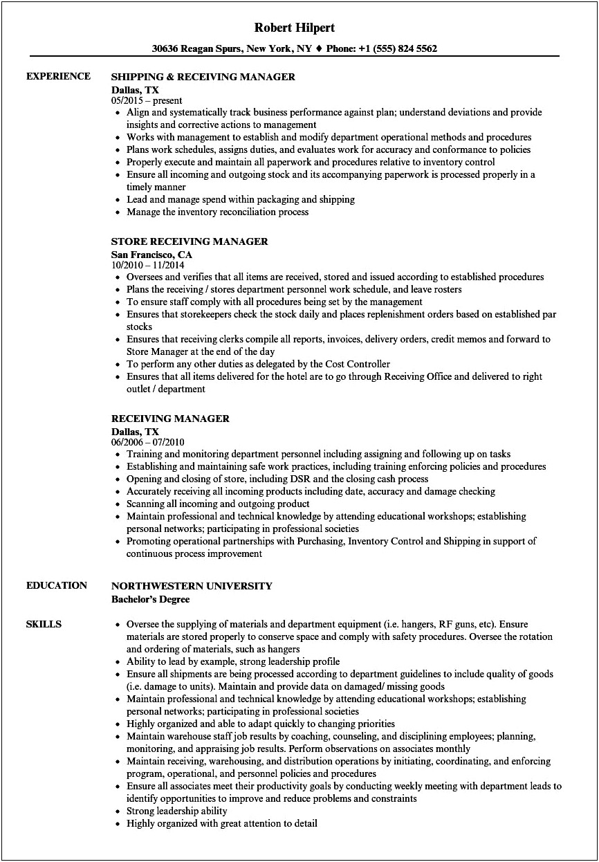Shipping And Receiving Manager Resume Objective