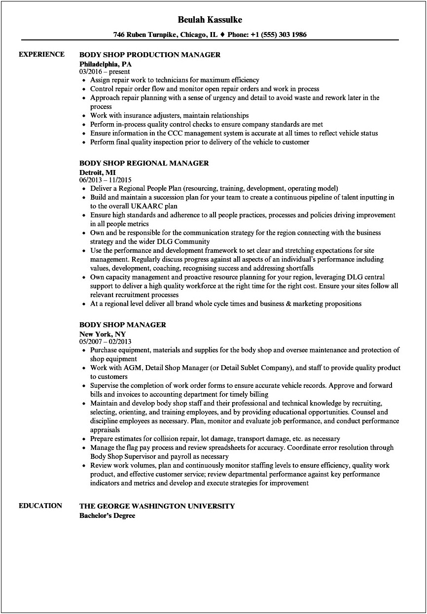Shop Foreman Job Description For Resume