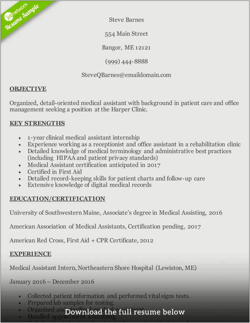 Short Medical Assistant Job Description Resume