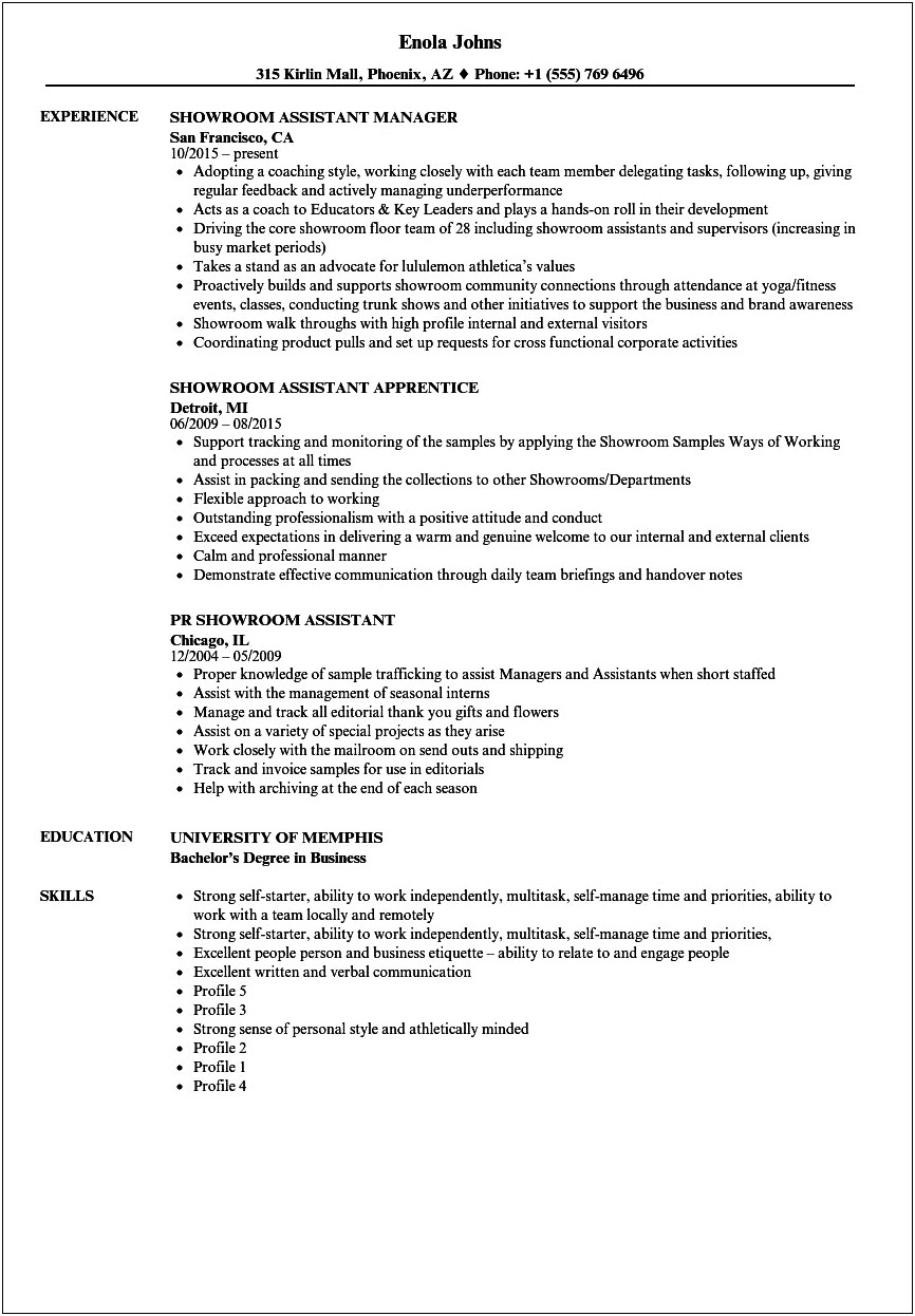 Showroom Manager Job Description For Resume