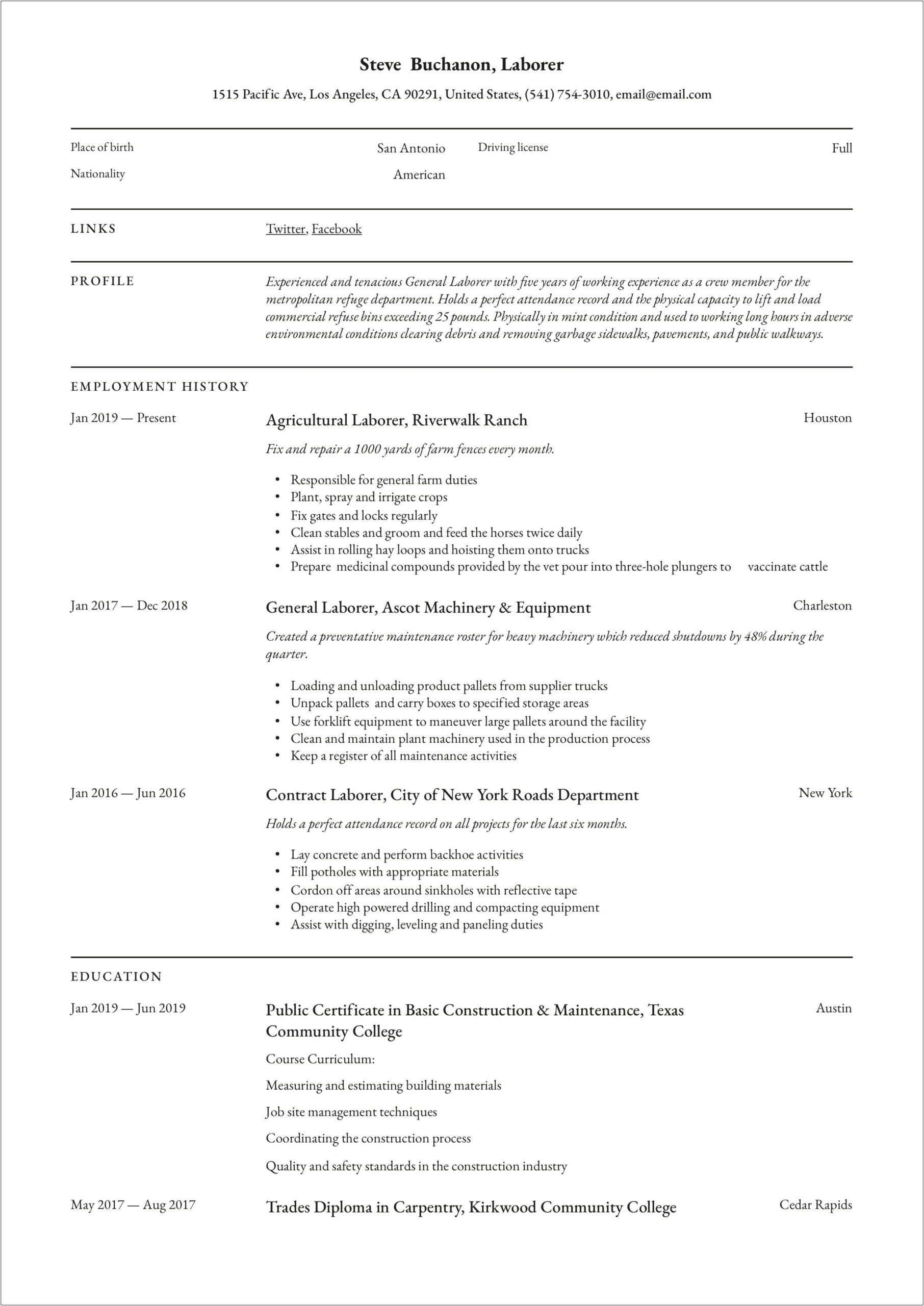 Simple Objectives For General Labor Resume