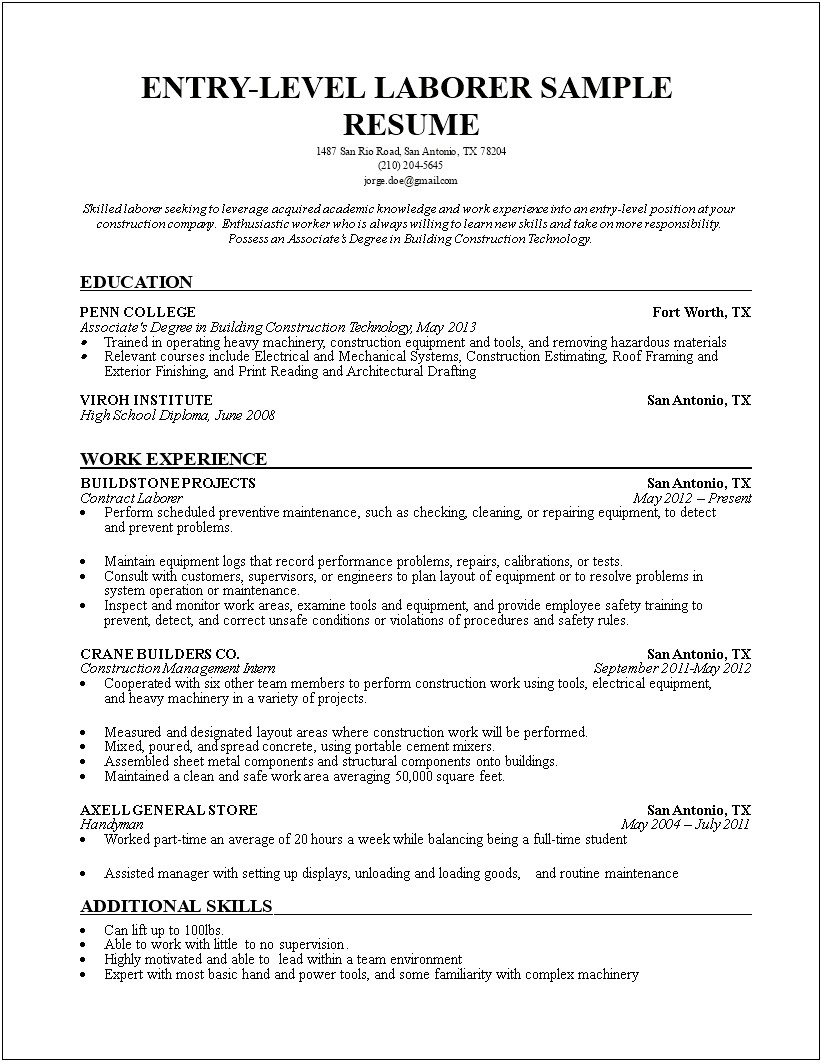 Simple Resume For Entry Level High School