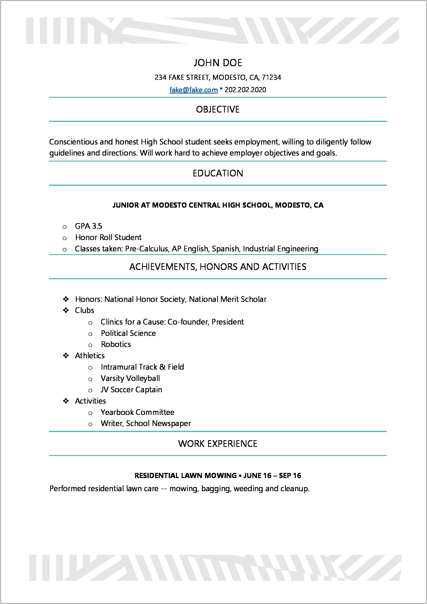 Simple Resume For High School Student