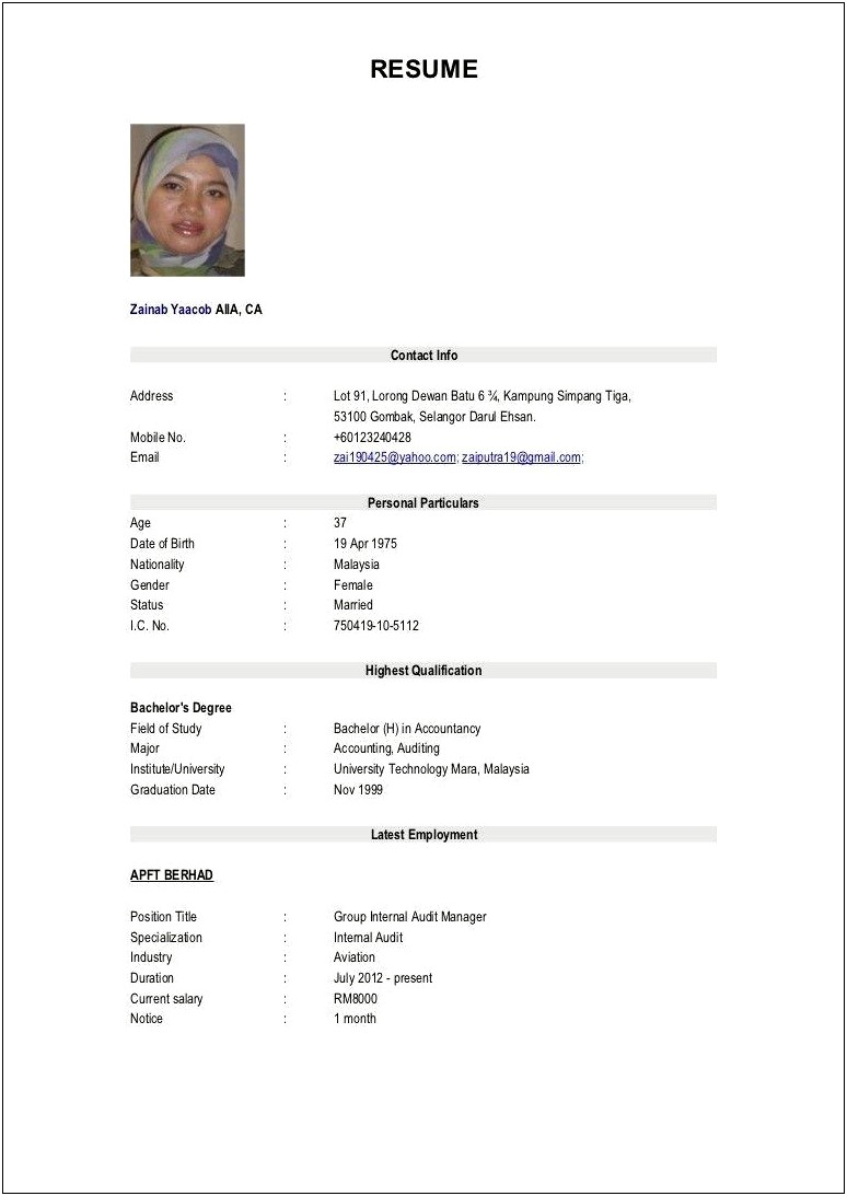 Simple Resume For Job Application Sample