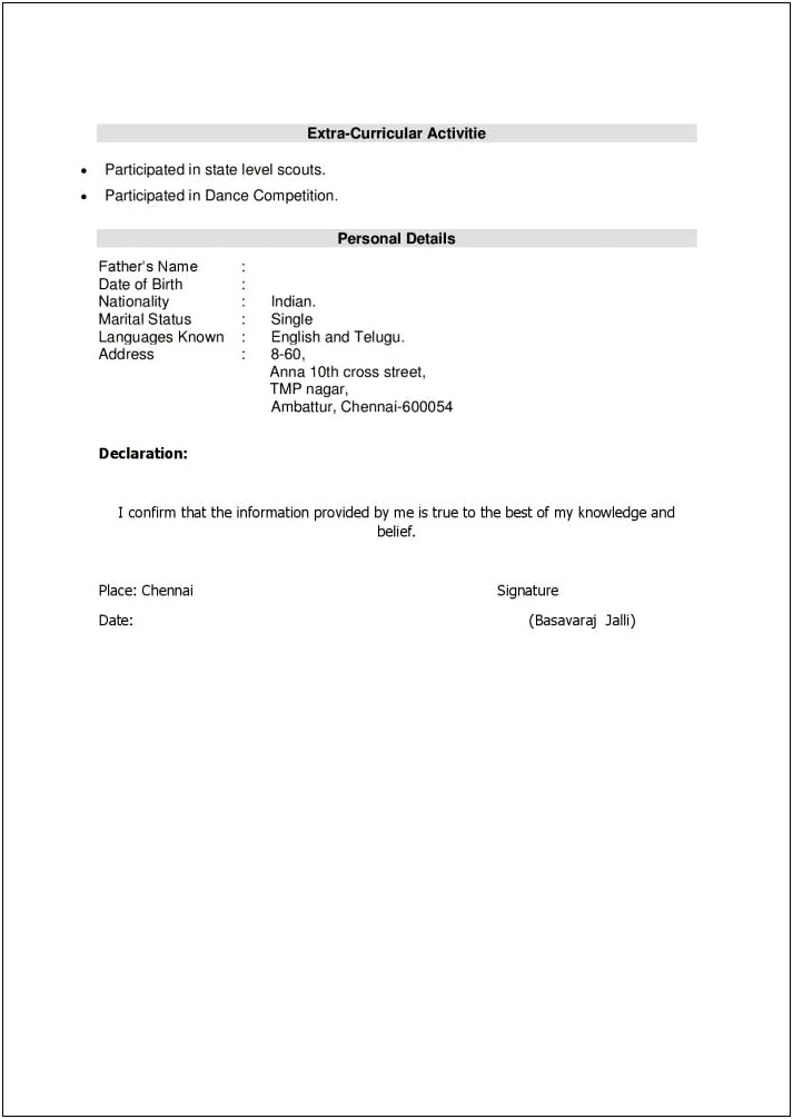 Simple Resume Format For Fresher In Word