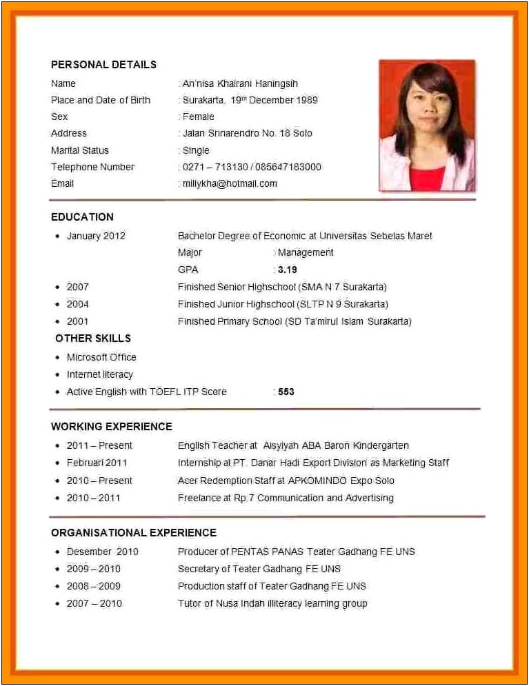 Simple Resume Format For Job Interview