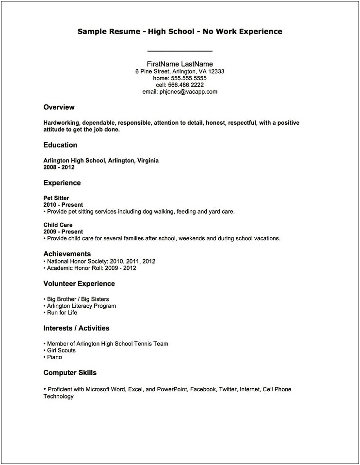 Simple Sample Resume For High School Student