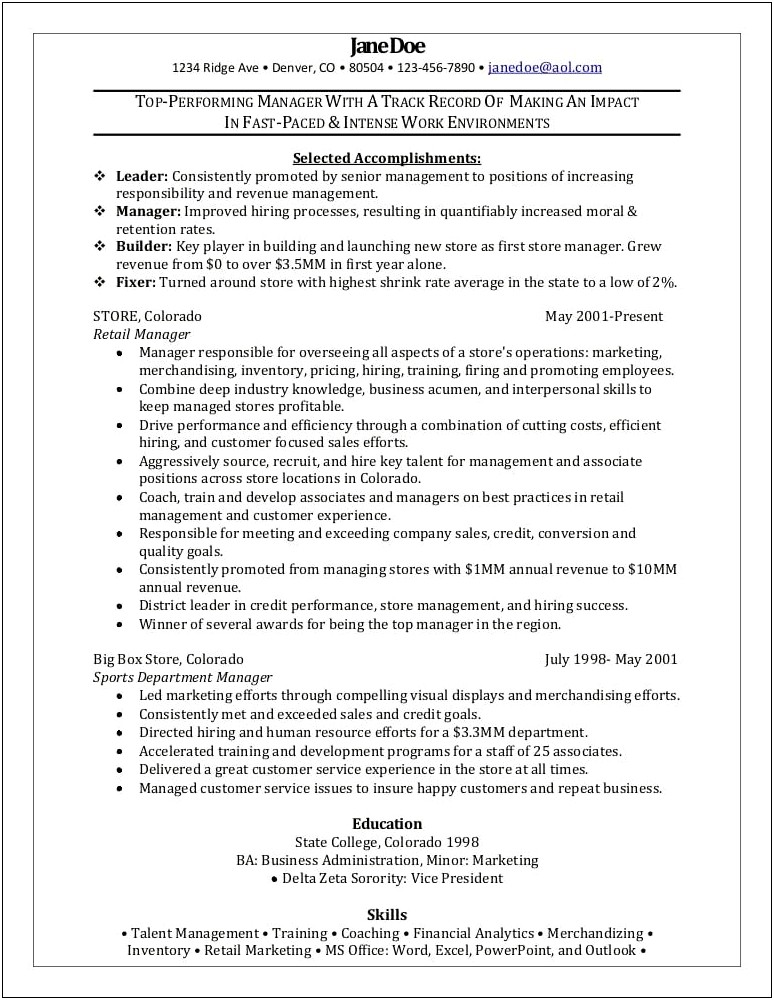Skill On Resume Retail Manager Example