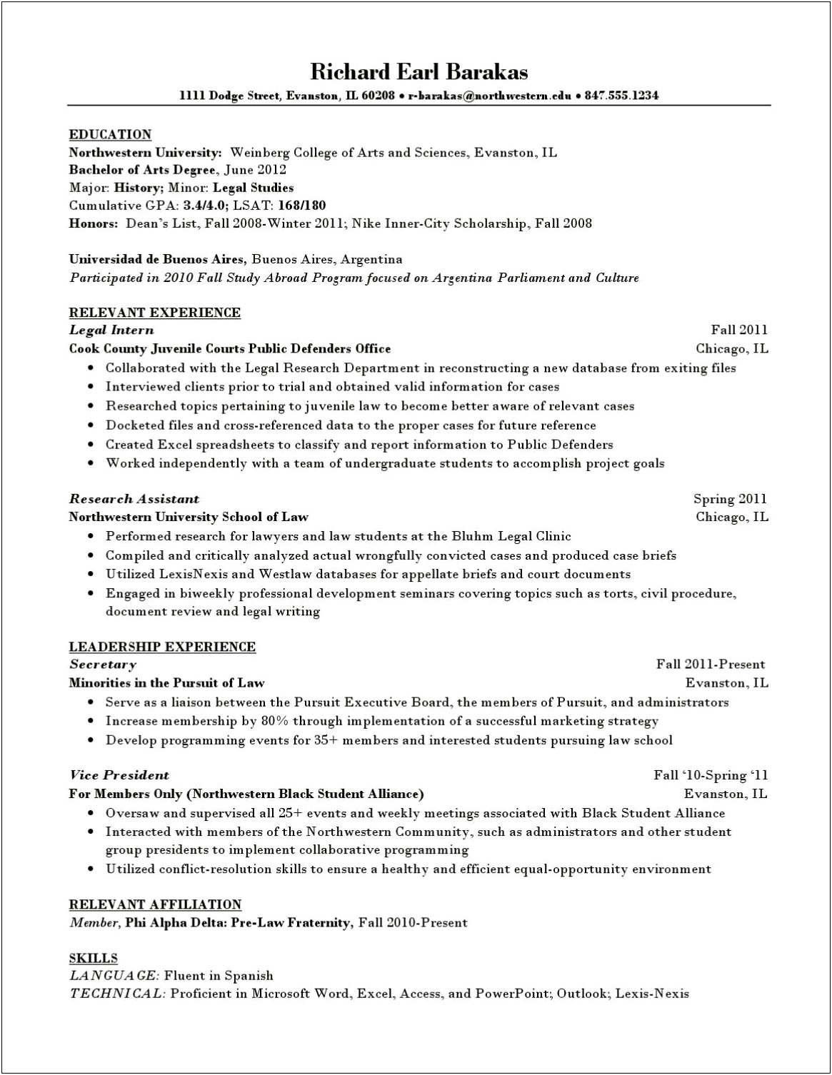 Skill Section For Law Students On Resume