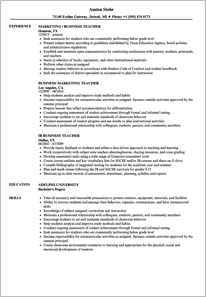 Skill Set List For Resume Of Teacher