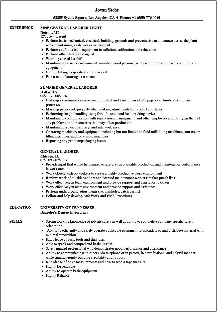 Skilled Laborer Job Description For Resume