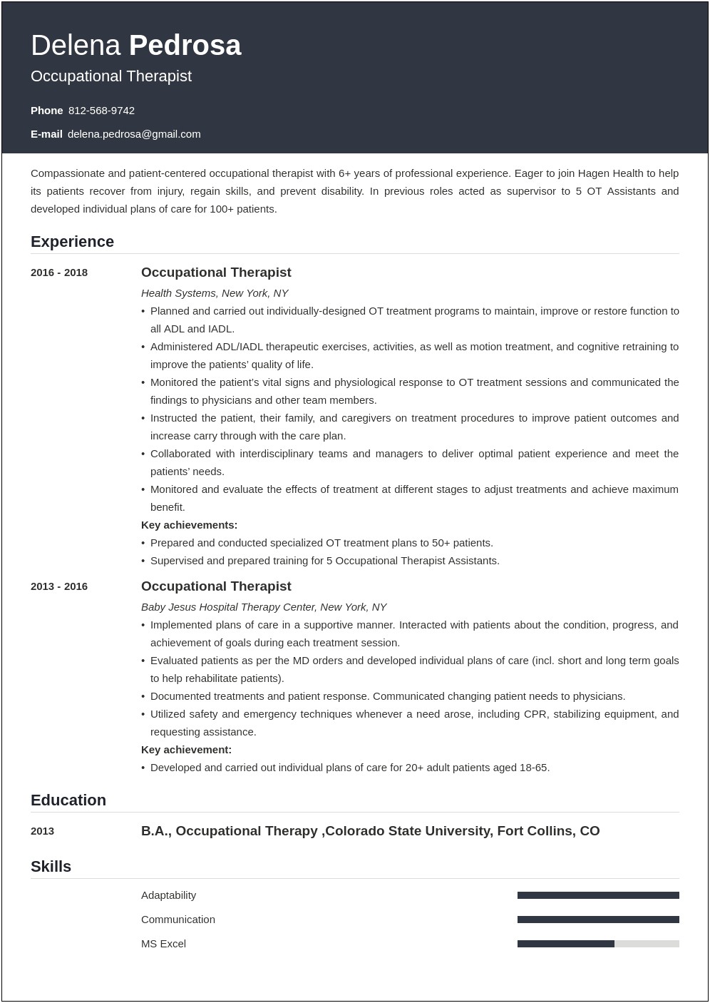 Skilled Nursing Facility Occupational Therapy Resume