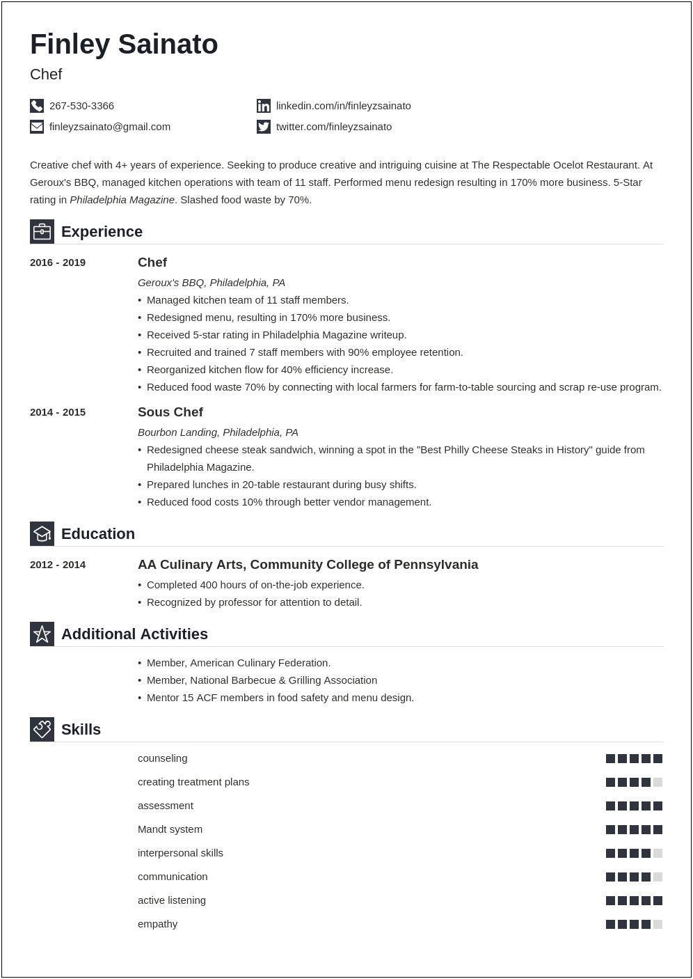 Skills And Abilities For Chef Resume