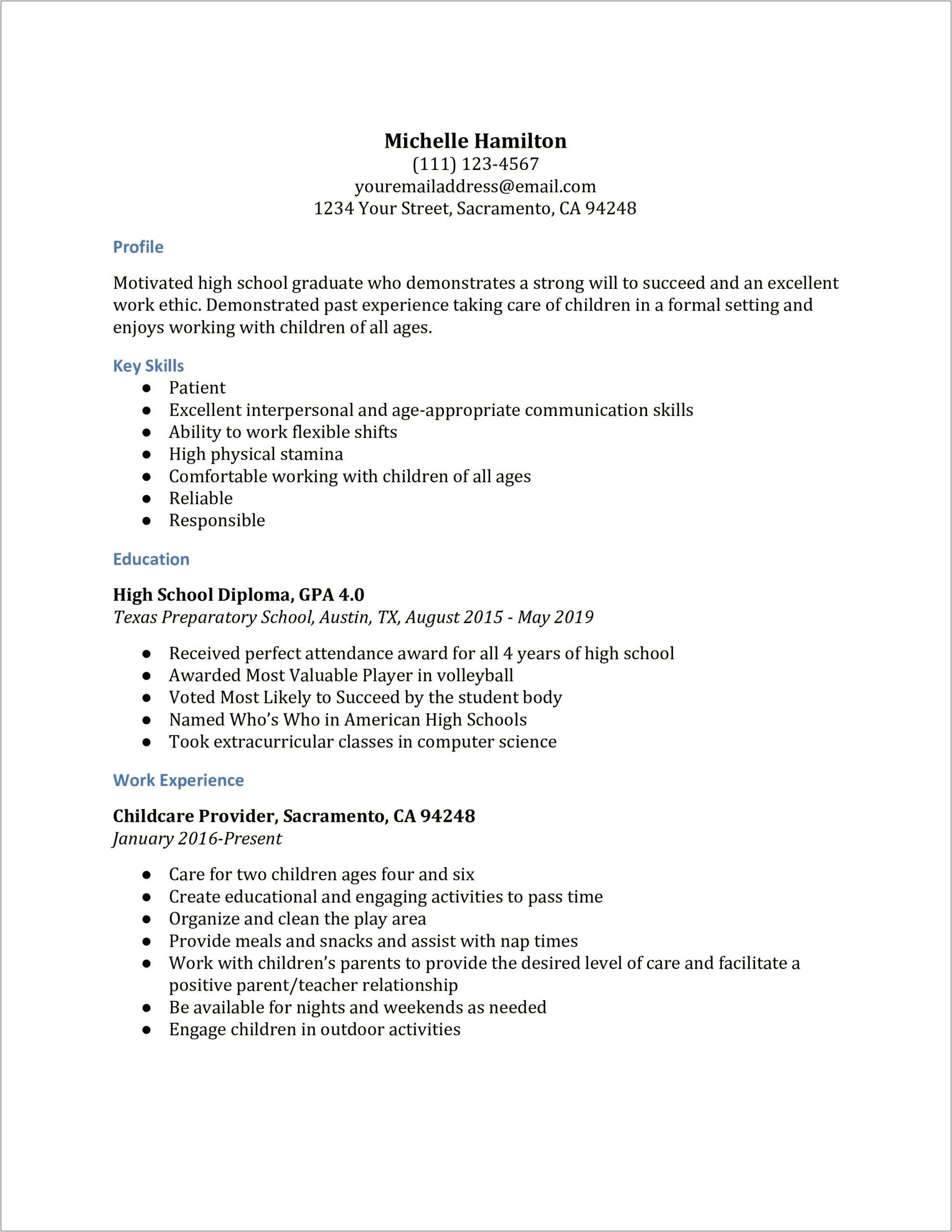 Skills And Abilities For High School Graduate Resume