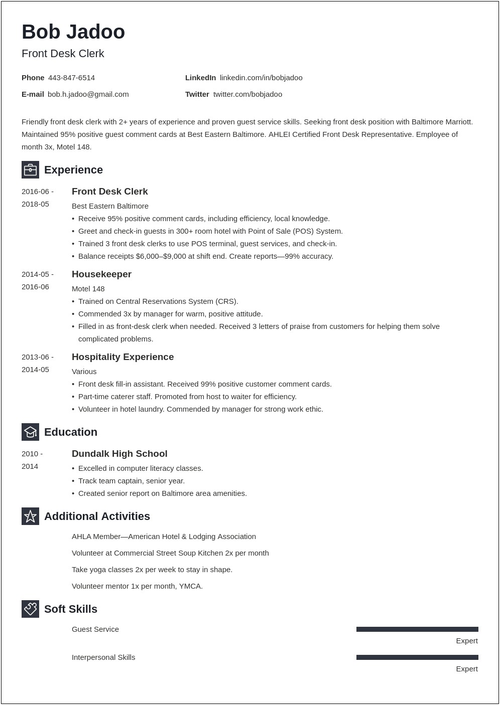 Skills And Abilities For Hospitality Resume Examples