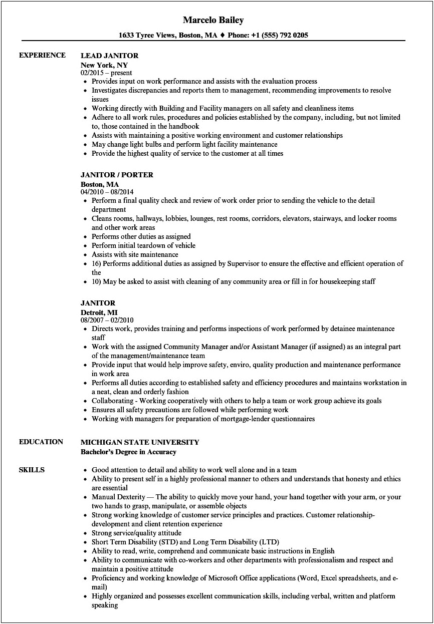 Skills And Abilities For Janitorial Resume
