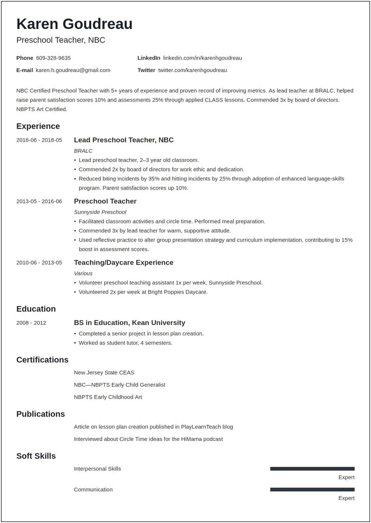 Skills And Abilities For Pre Service Teacher Resume