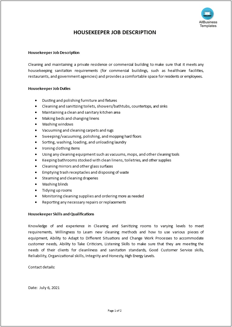 Skills And Abilities For Resume Of Housekeeping