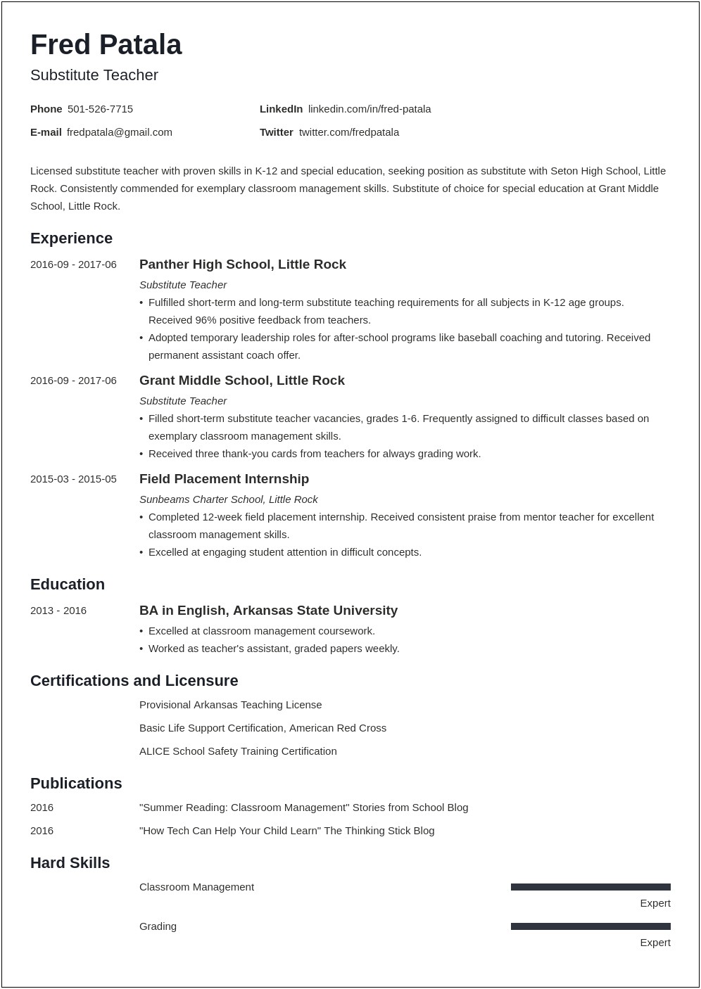 Skills And Abilities For Resume Substitute Teacher
