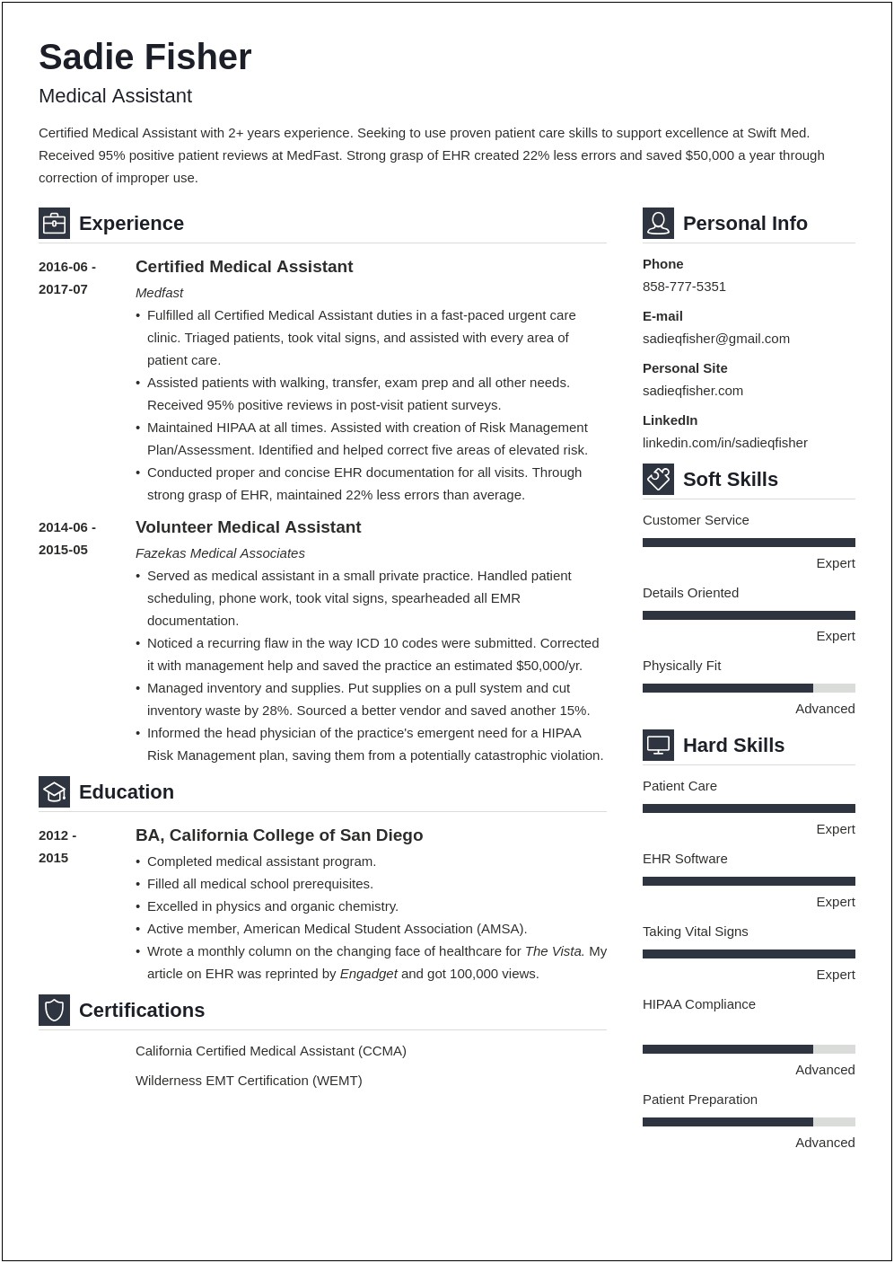Skills And Abilities In Resume For Medical Assitant