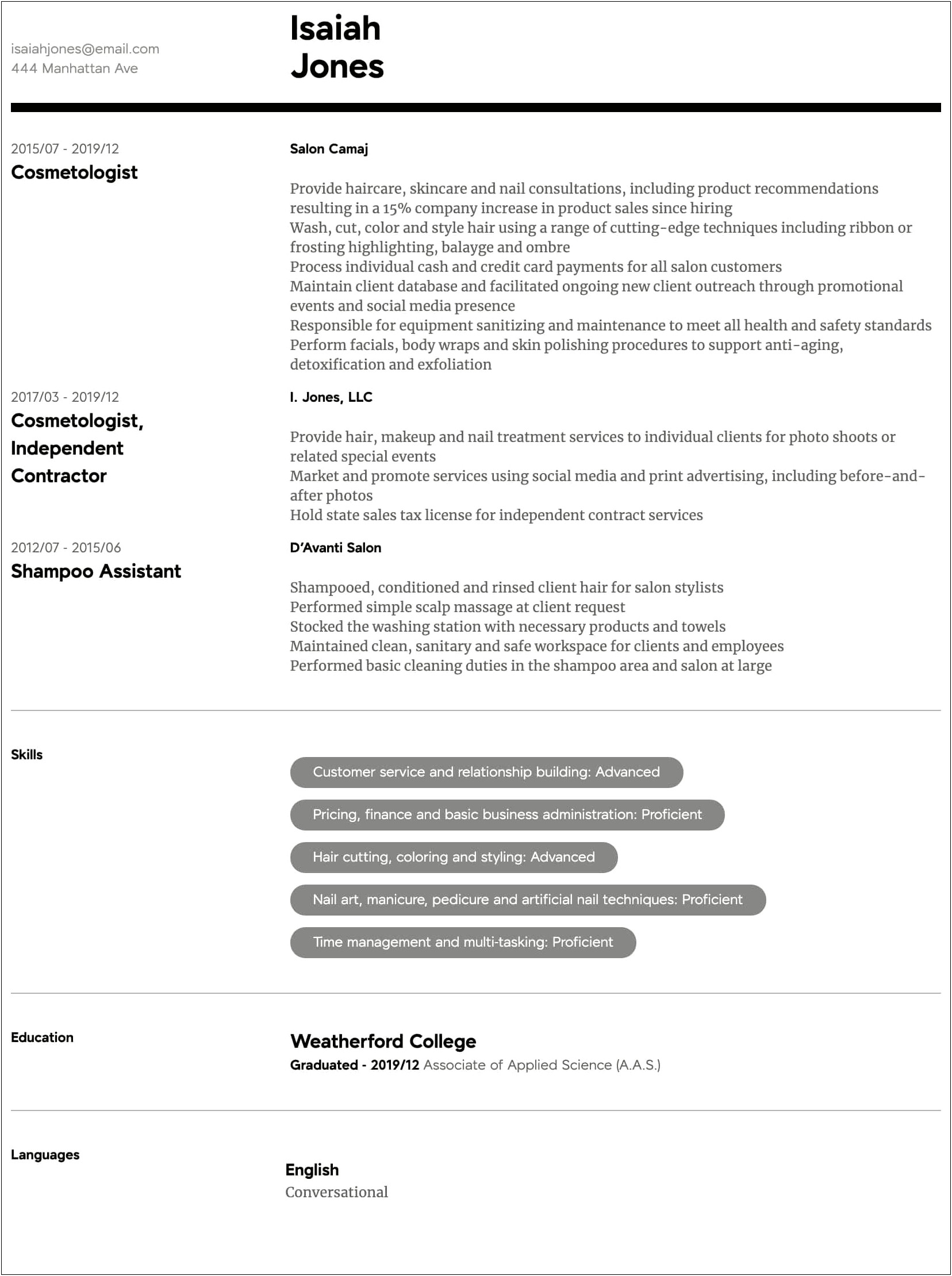 Skills And Abilities On A Resume For Cosmetologist
