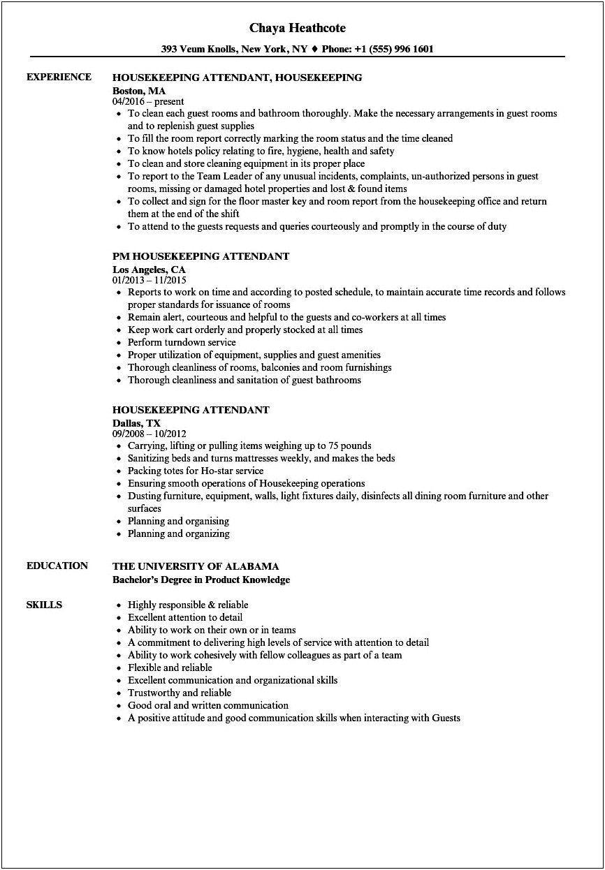 Skills And Abilities On Resume For Housekeeping