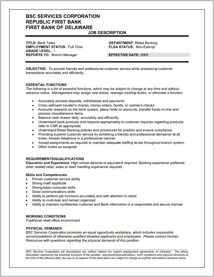 Skills And Abilities Resume Examples Bank Teller