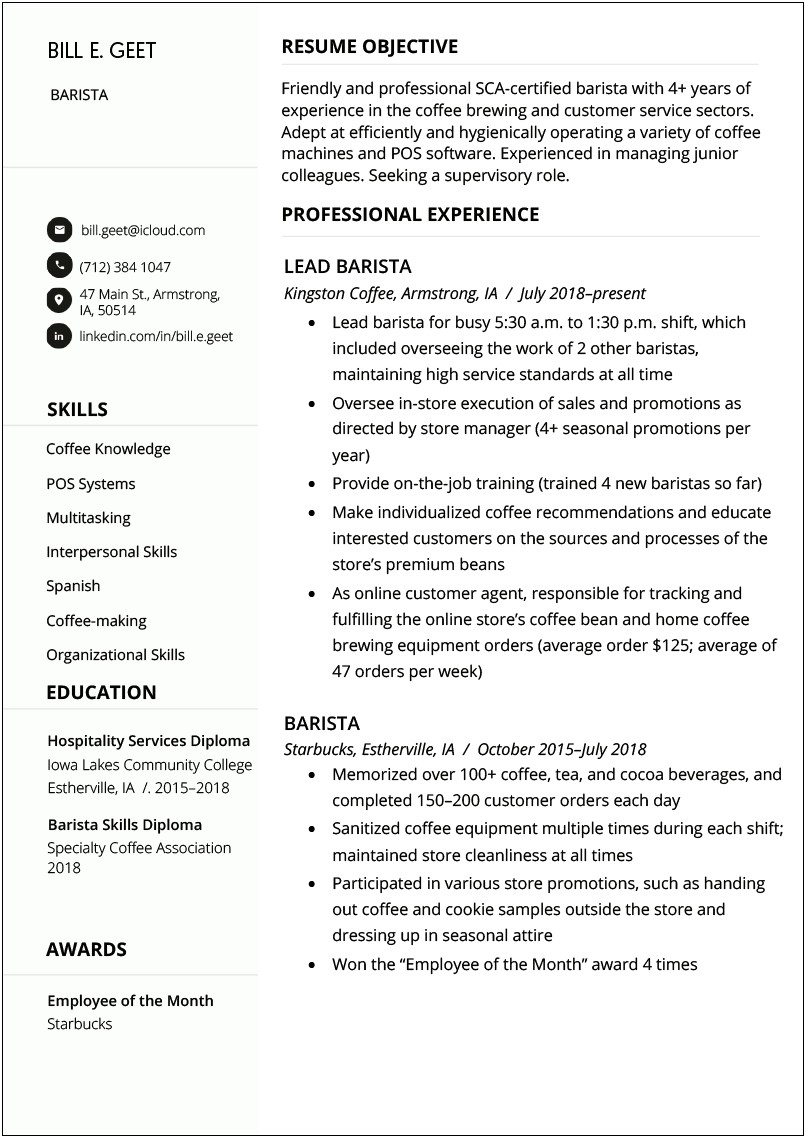 Skills And Abilities Resume For Barista