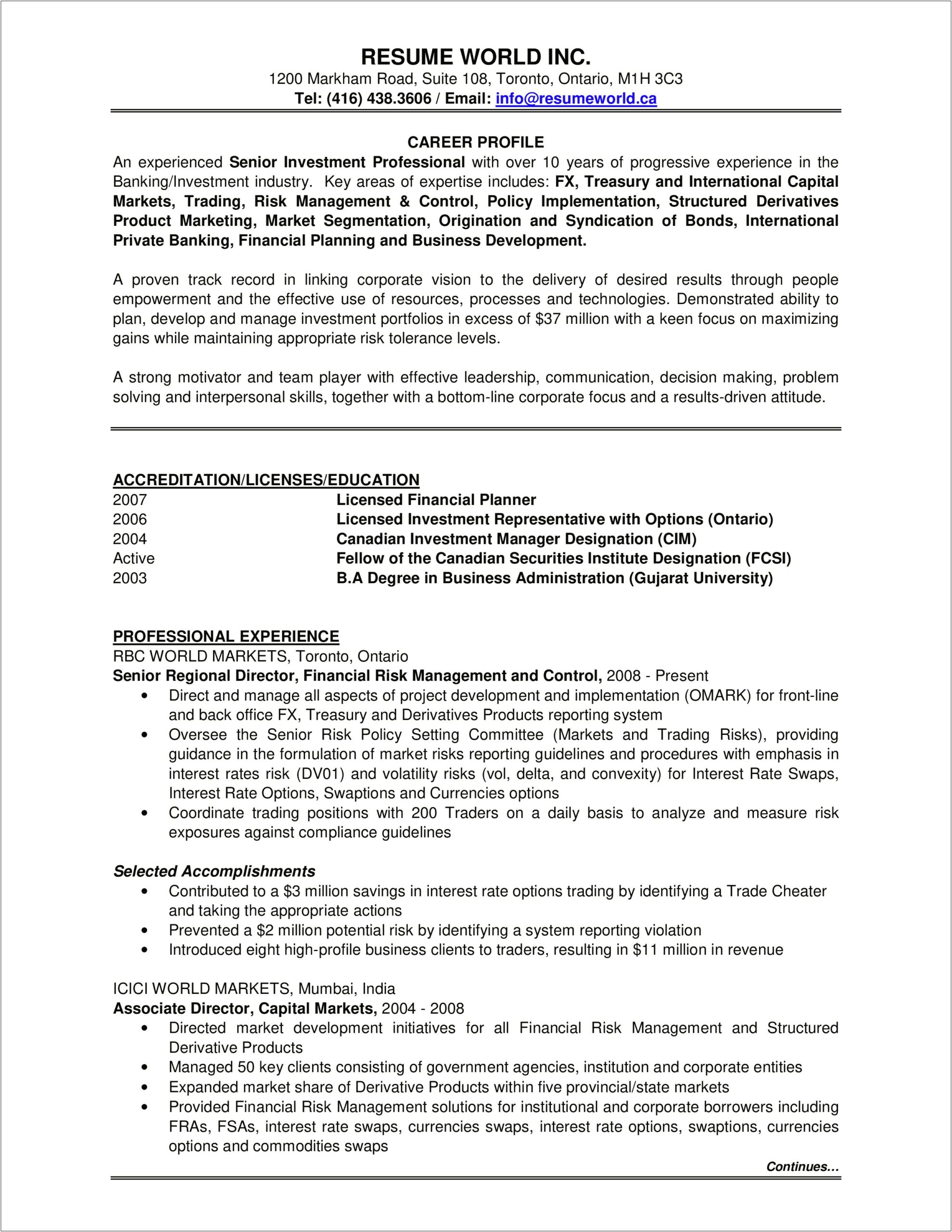 Skills And Interests Investment Banking Resume