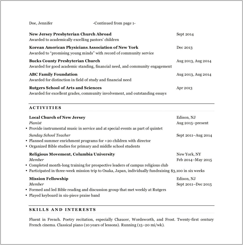 Skills And Interests Law School Resume