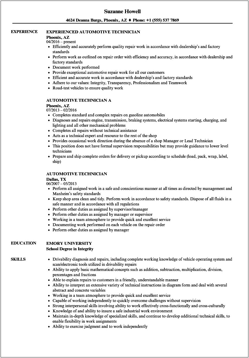 Skills And Qualifications For Resume Mechanic