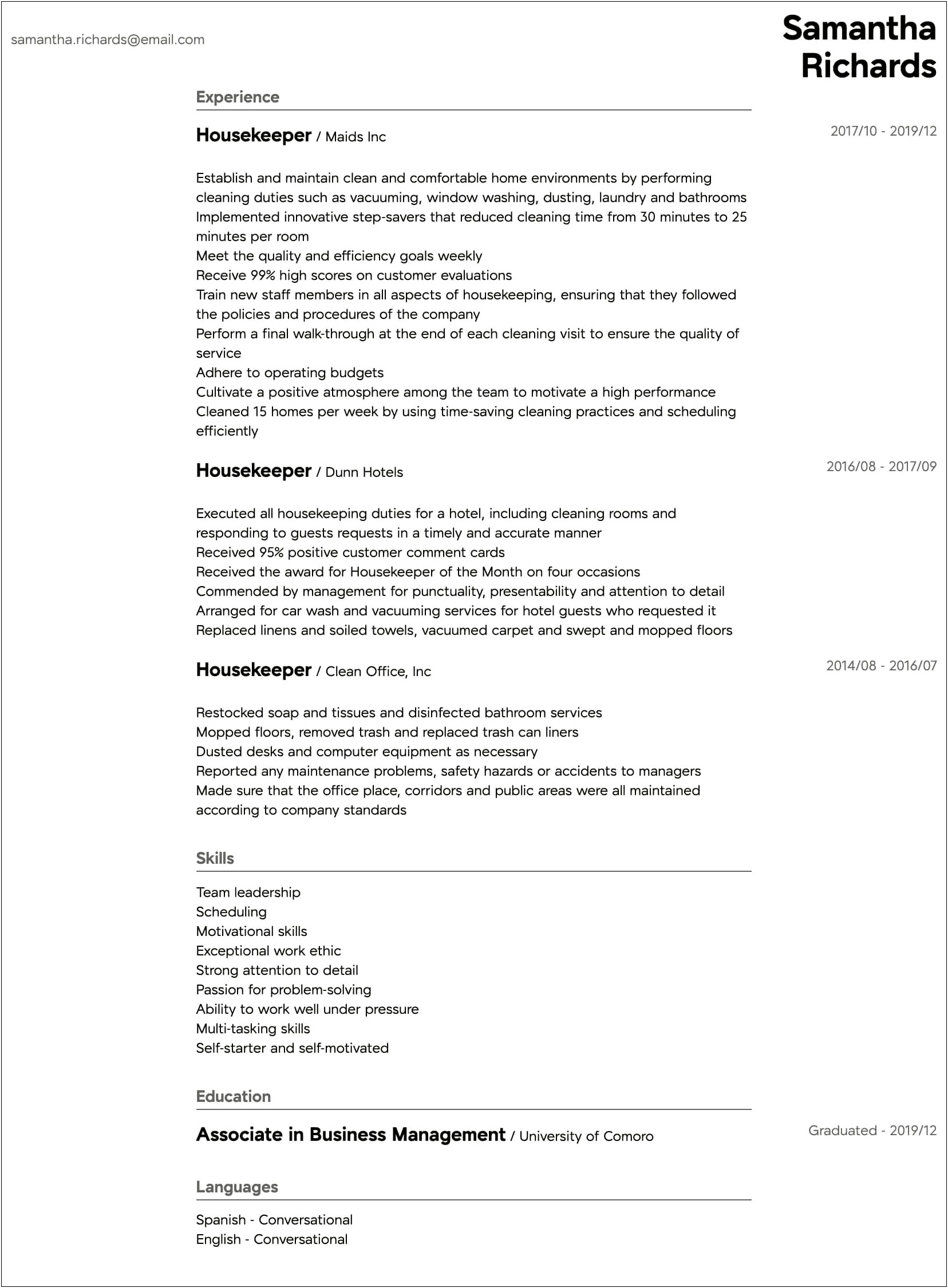 Skills And Qualifications For Room Attendant Resume