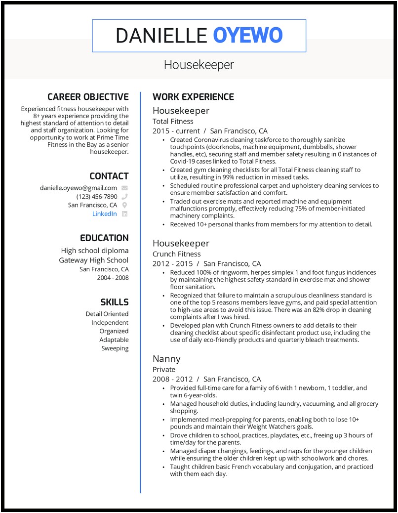 Skills As A Housekeeper For Resume