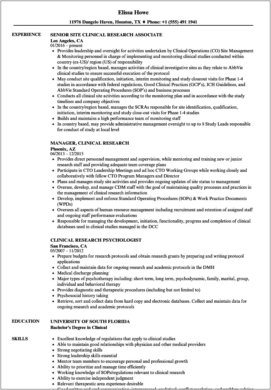 Skills Based Resume Clinical Research Coordinator