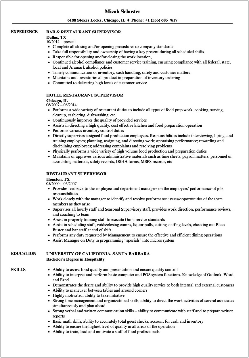 Skills For A Resume For A Restaurant